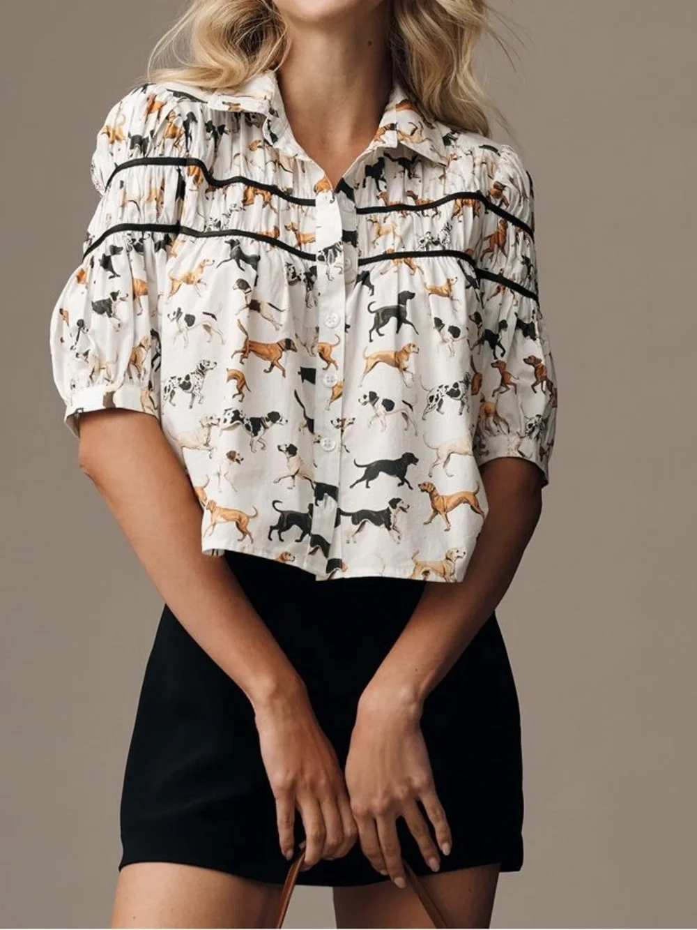 Anthro Blouse Leandra Maeve Cropped Dog Print Cream Black Brown SIZE MEDIUM NEW - Picture 2 of 7